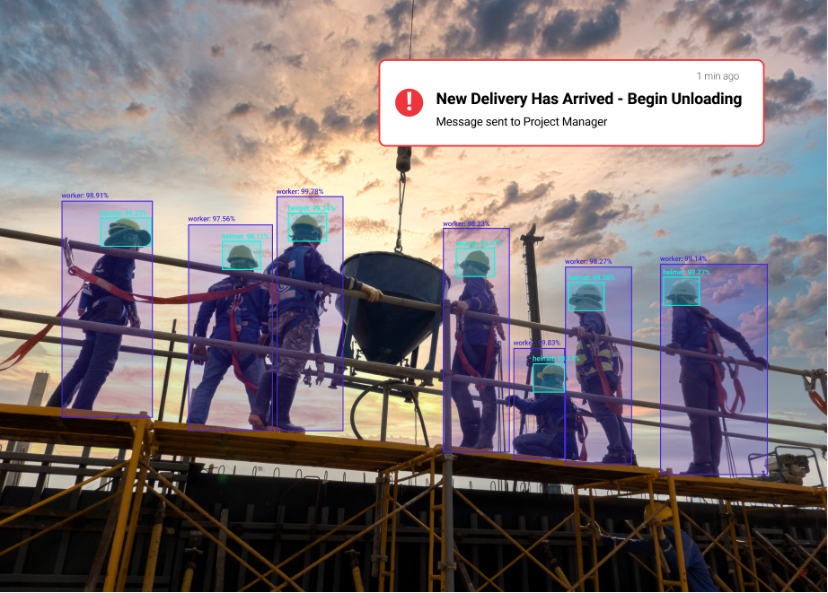 Computer vision detects PPE and people on construction site and sends notification when a delivery has arrived