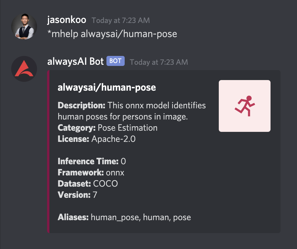 Screenshot of the command  to get details of and specific model. Discord Example