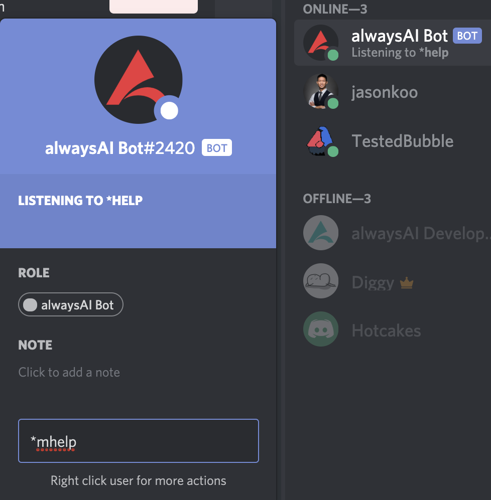 Screenshot of the alwaysAi bot. Discord example