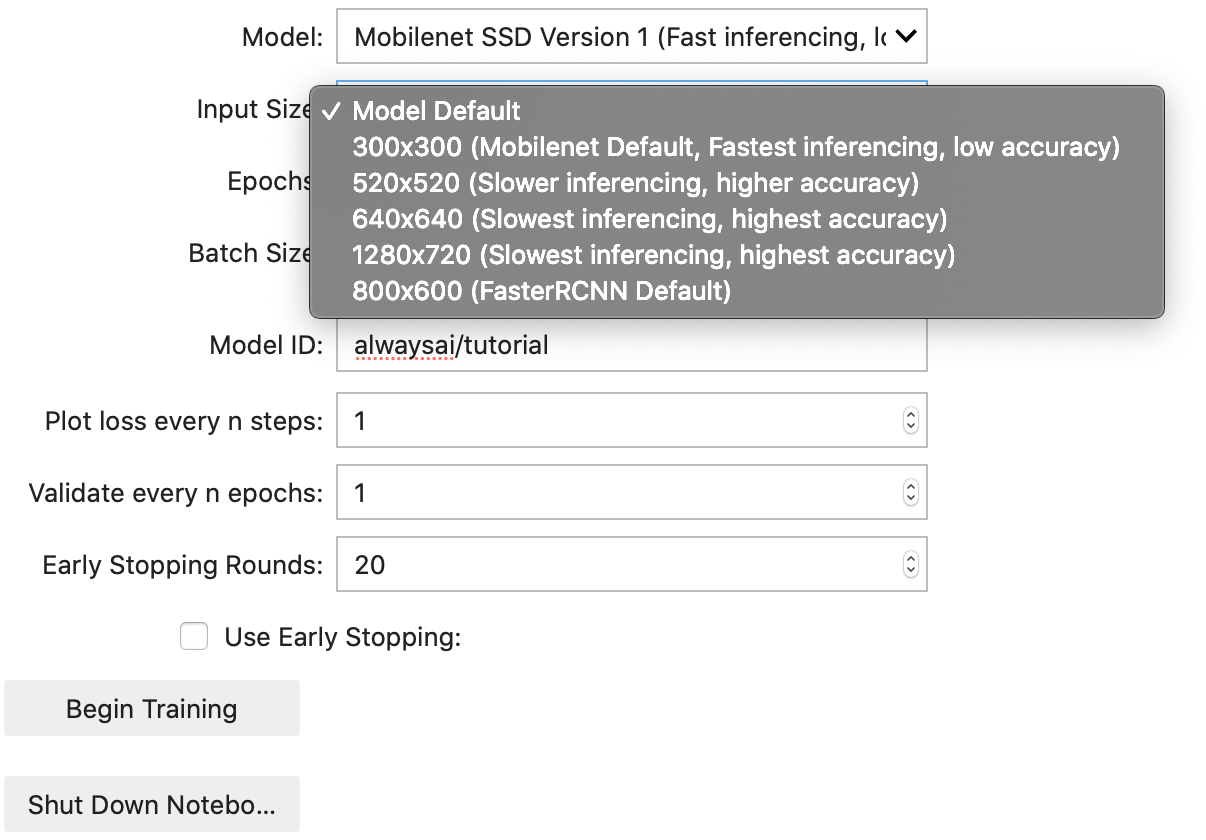 screenshot of the model default/ example of configuration of AlwaysAI Model Training