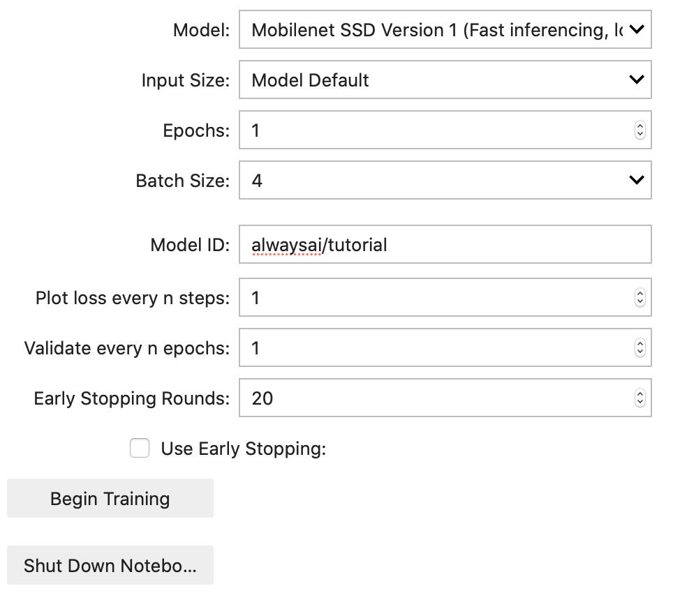 screenshot of the configuration settings for AlwaysAI Model Training